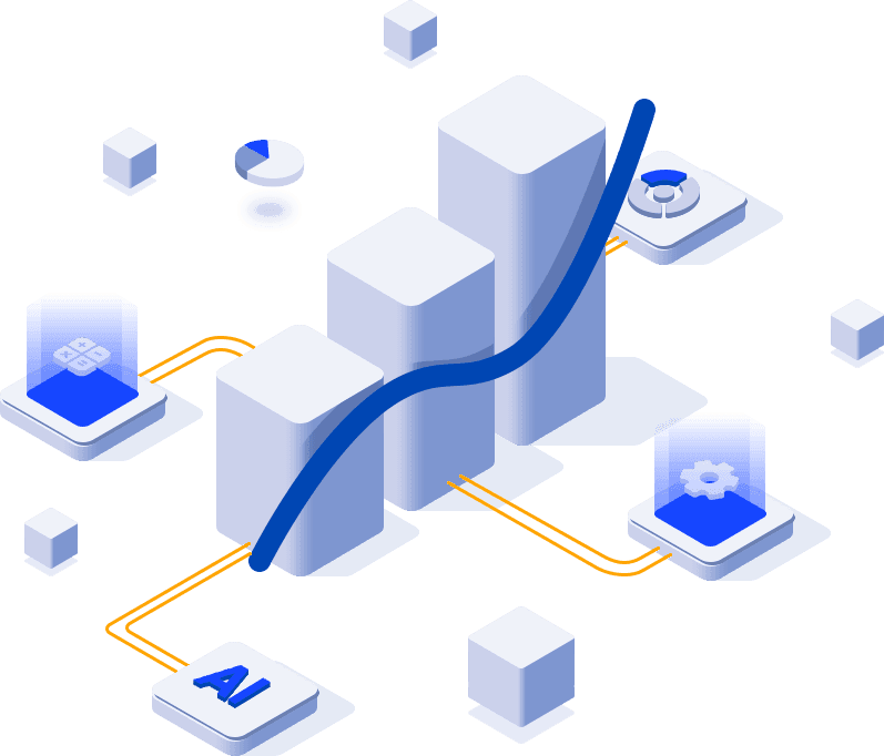 An isometric bar chart with a rising trend line and AI service tiles