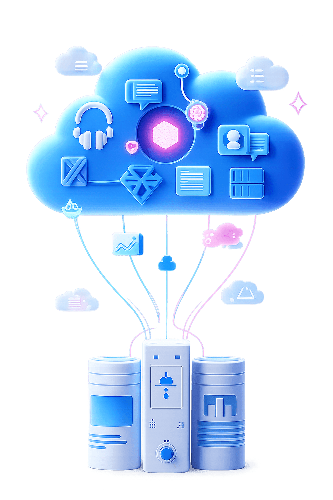 A cloud of automation services tethered to a stack of processing servers
