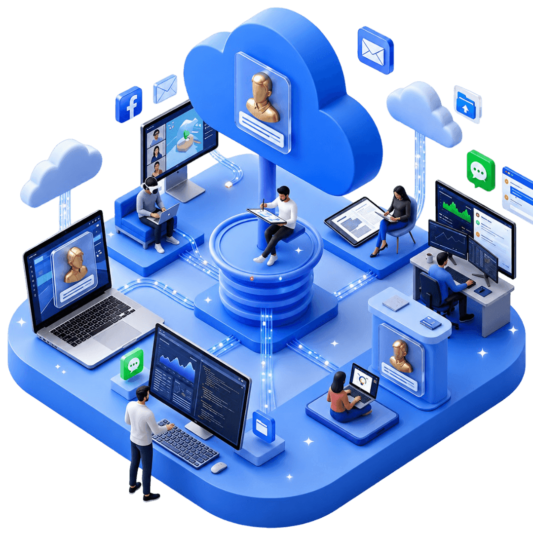 An isometric team working across laptops and dashboards connected to a central cloud