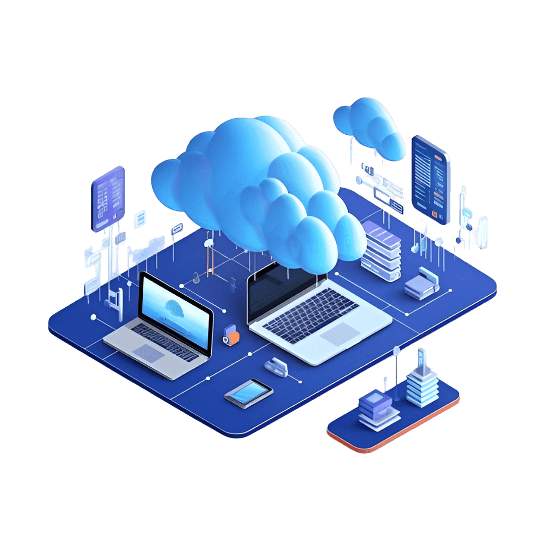 An isometric laptop and devices connected to a cloud platform on a raised deck