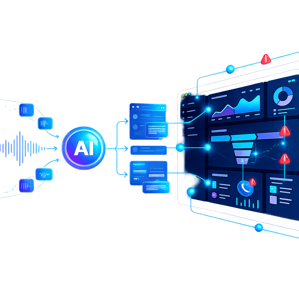 An AI core routing inputs into dashboards, charts and alerts across a dark analytics surface