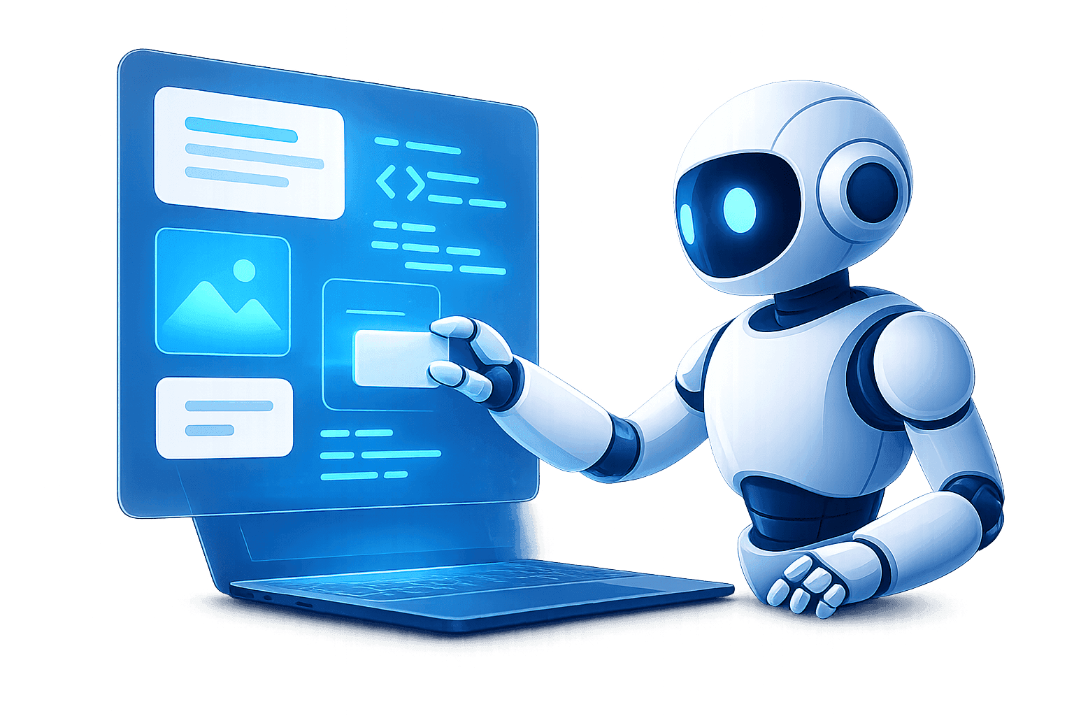 A robot interacting with a floating interface of documents, code and media panels