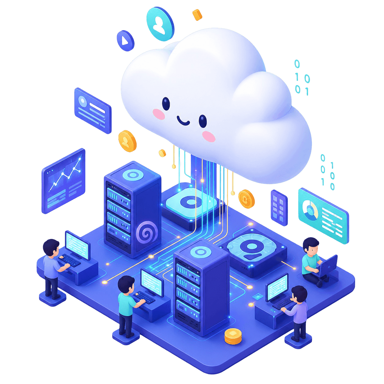 An isometric cloud platform above racked servers, with engineers working at connected workstations