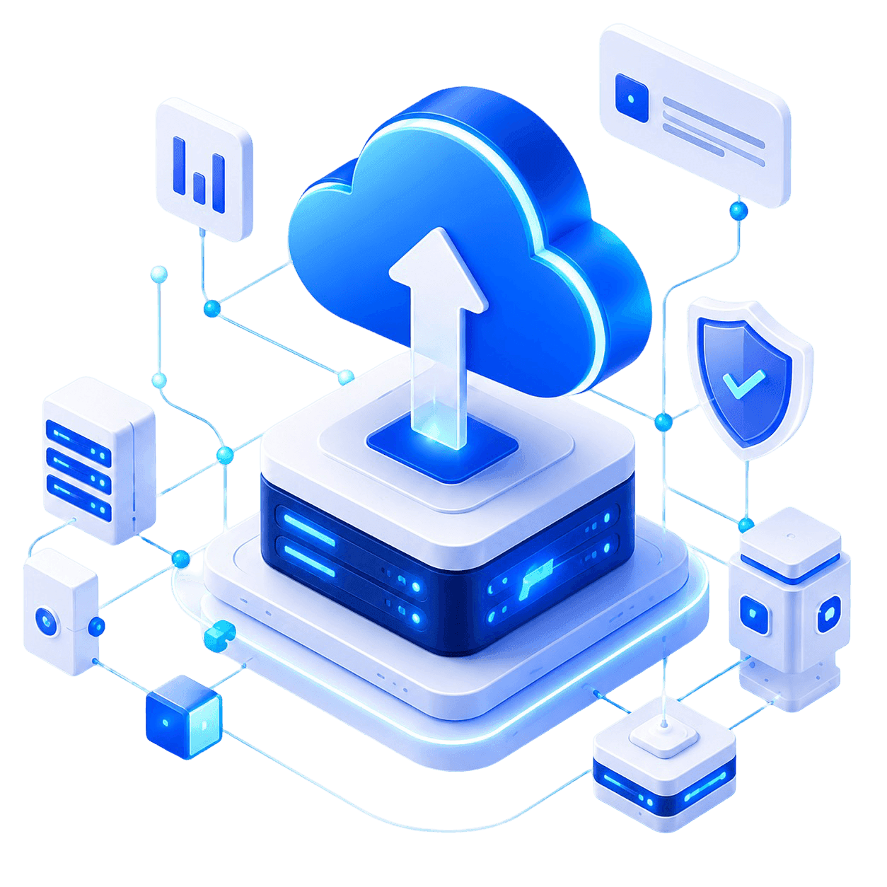 An isometric platform deploying to a cloud, ringed by config, security and storage tiles
