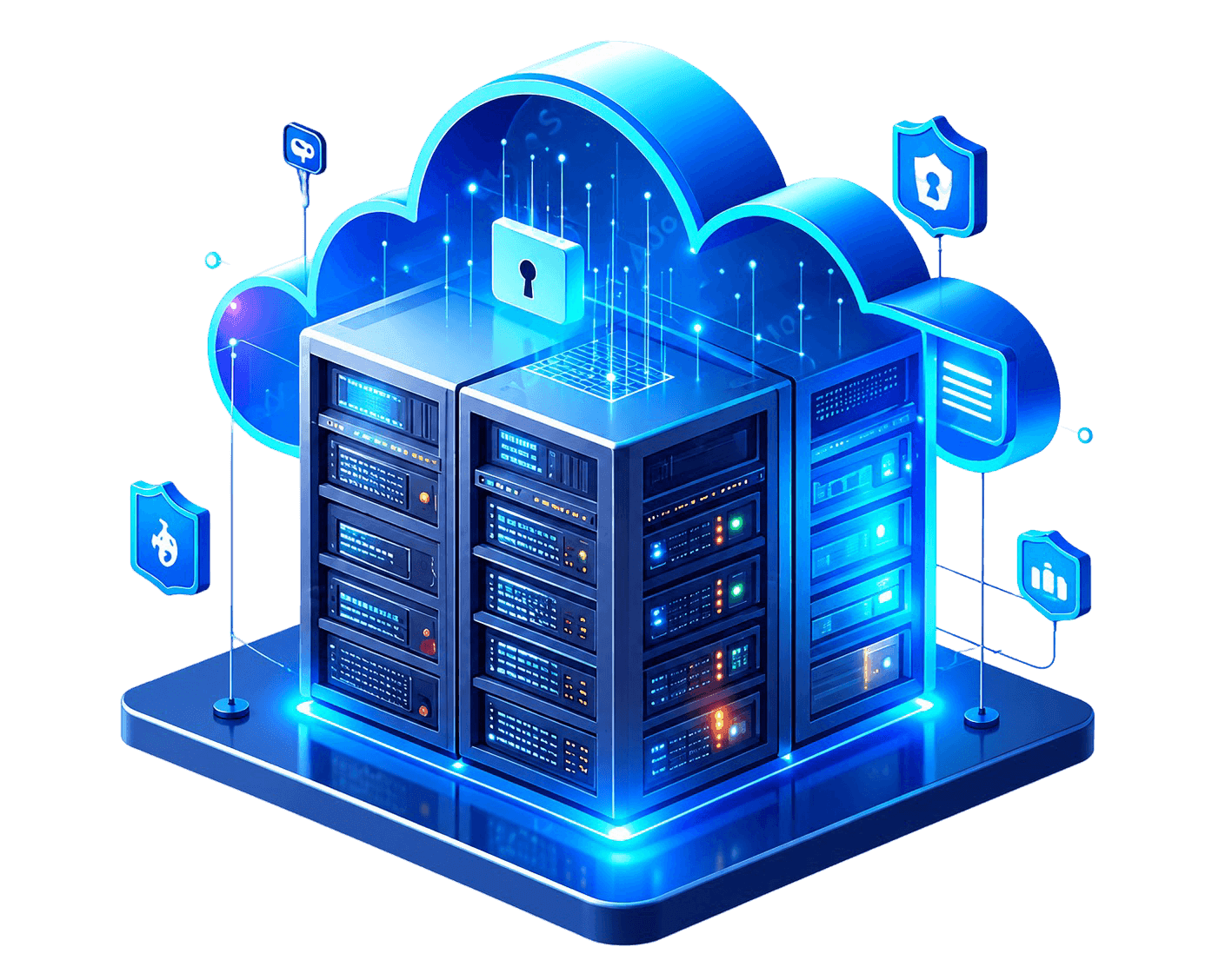 Illuminated server racks beneath a cloud, ringed by security and monitoring badges