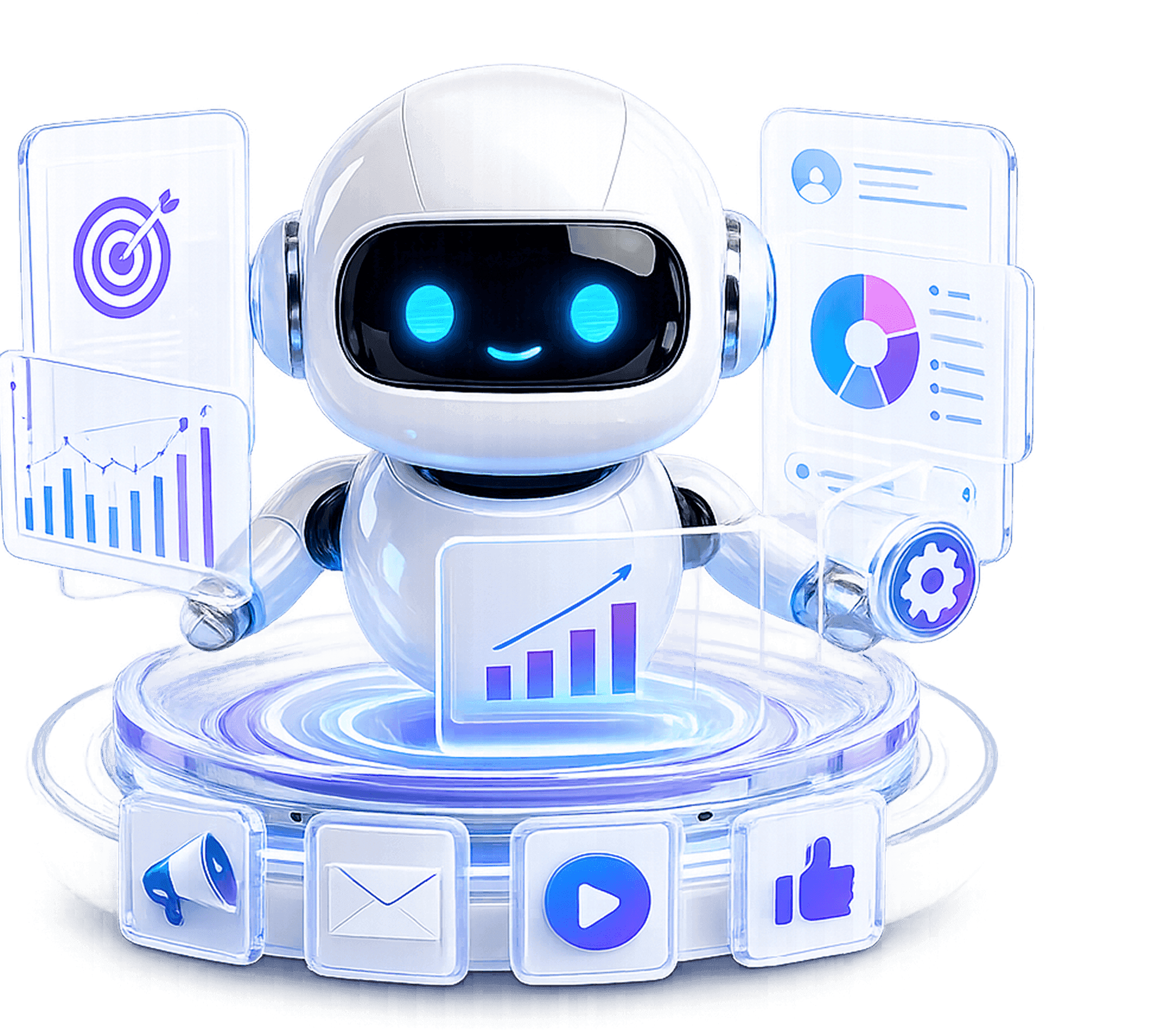 A friendly robot surrounded by floating dashboards, charts and engagement icons