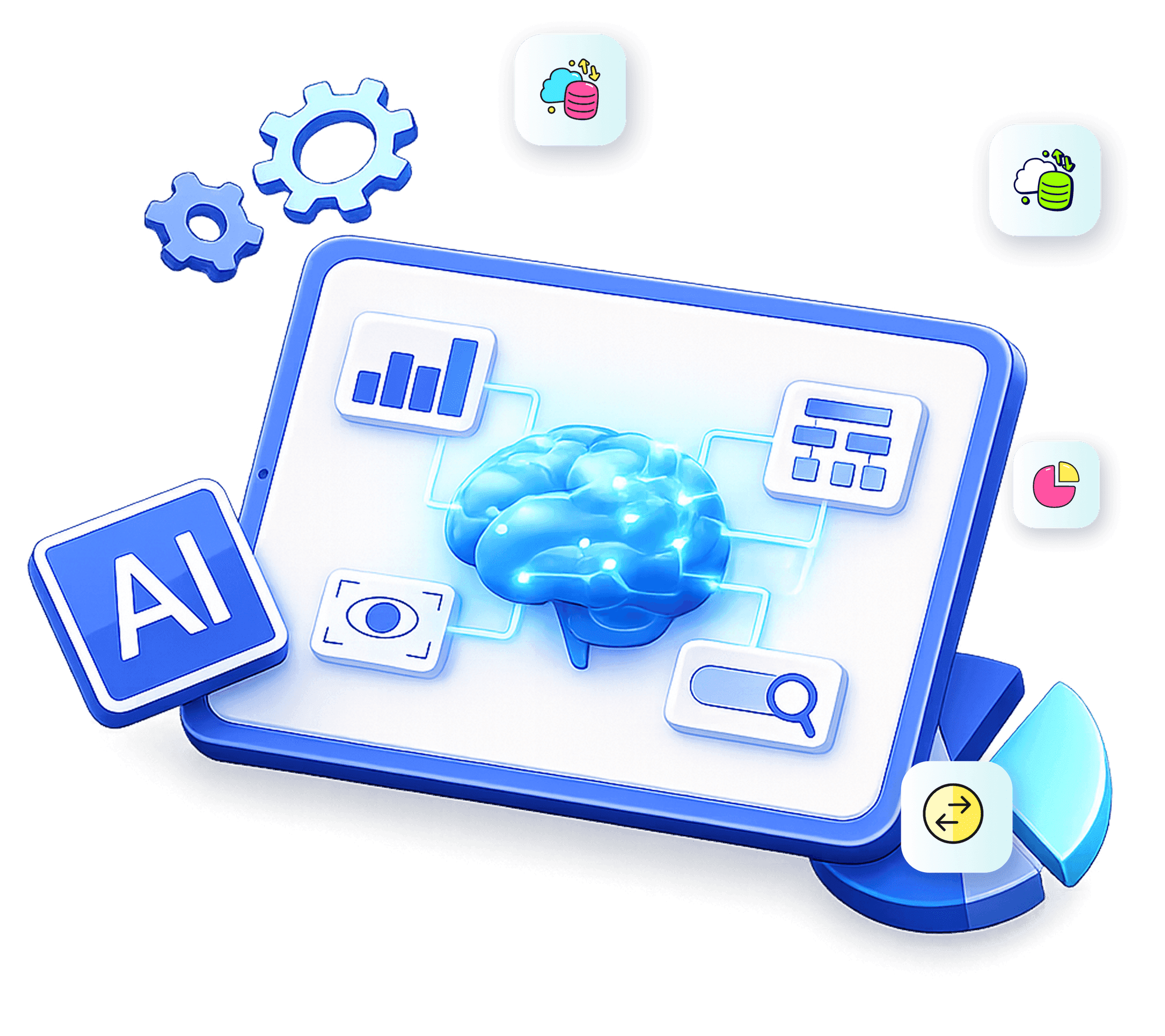 An AI brain on a dashboard surrounded by analytics, search and chart tiles