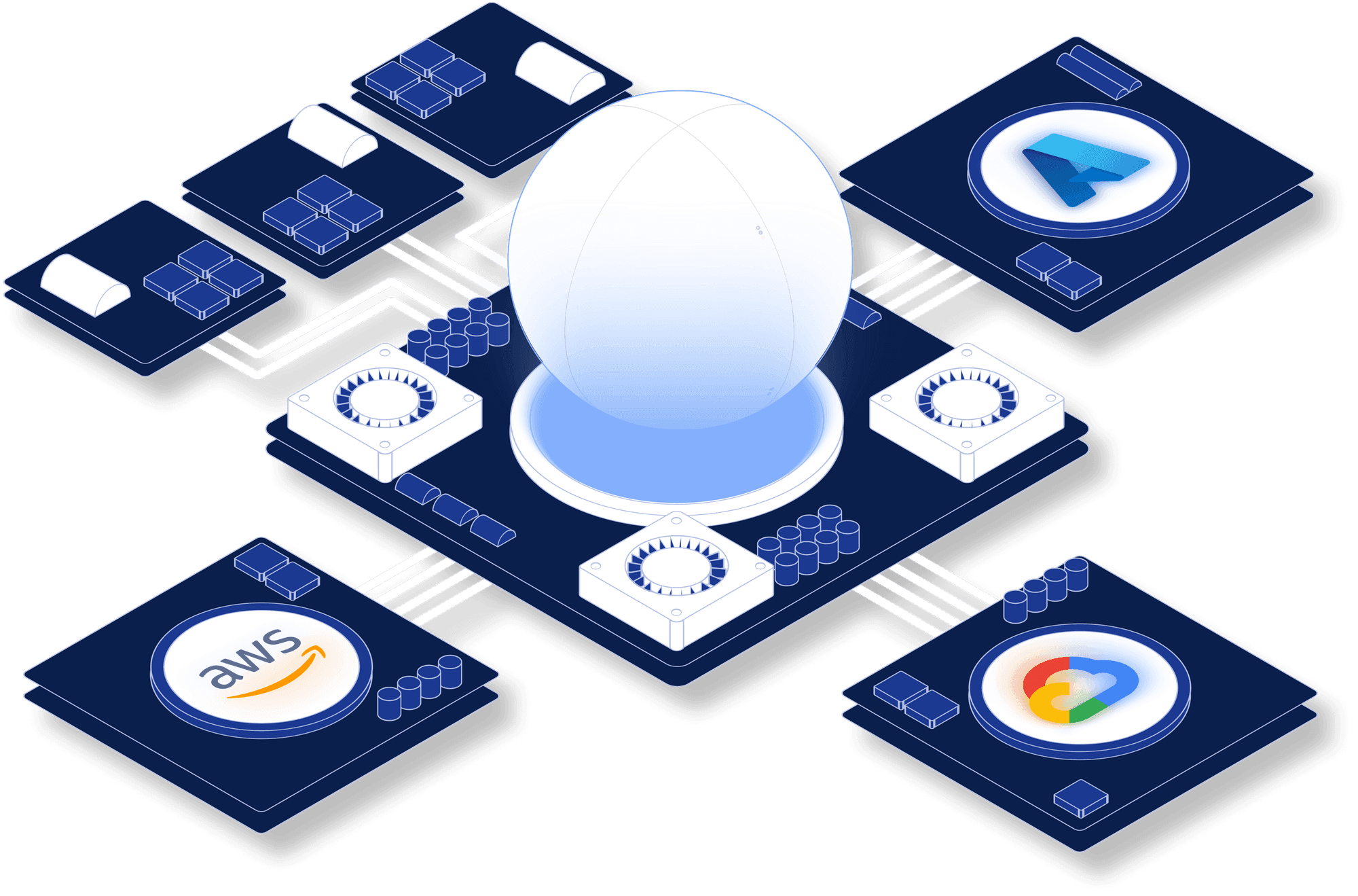 An isometric cloud platform with connected AWS and Google Cloud service tiles