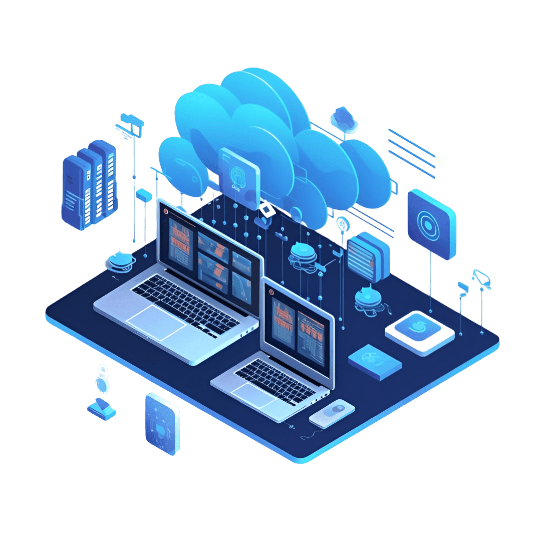An isometric operations deck of laptops and monitors feeding into a cloud