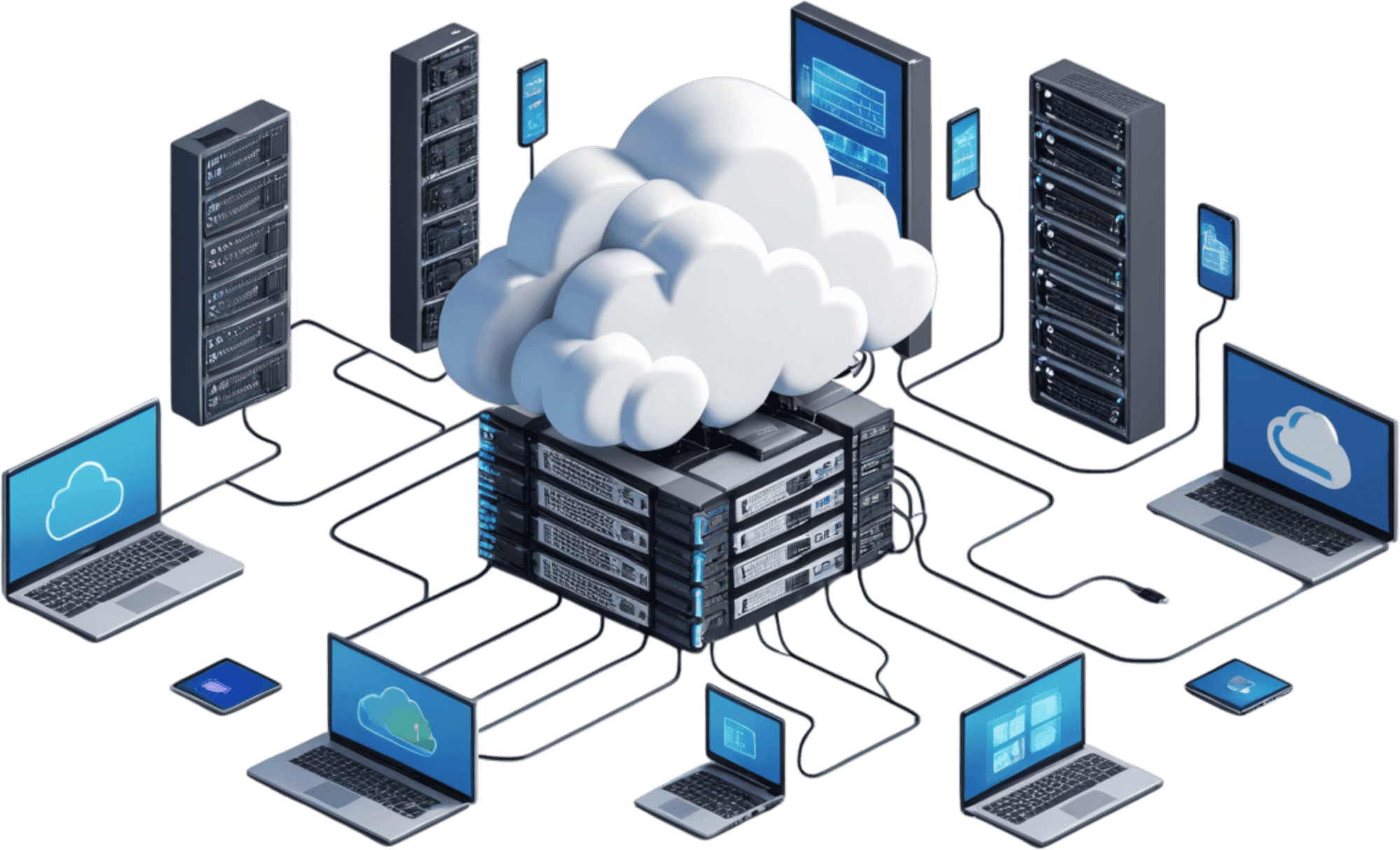 An isometric server stack connected to laptops, monitors and cloud services