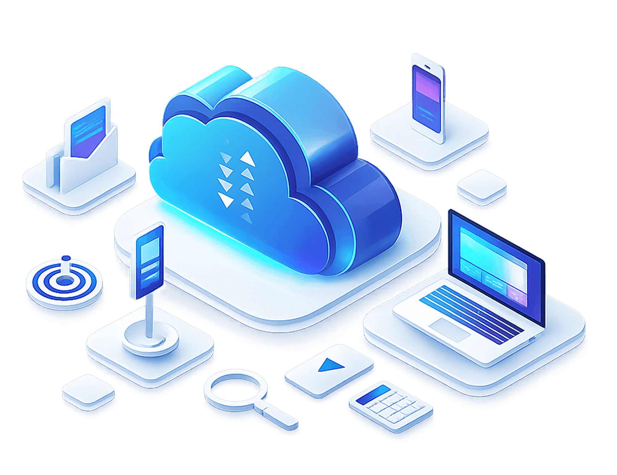 An isometric cloud distributing data to laptops, phones and monitoring devices