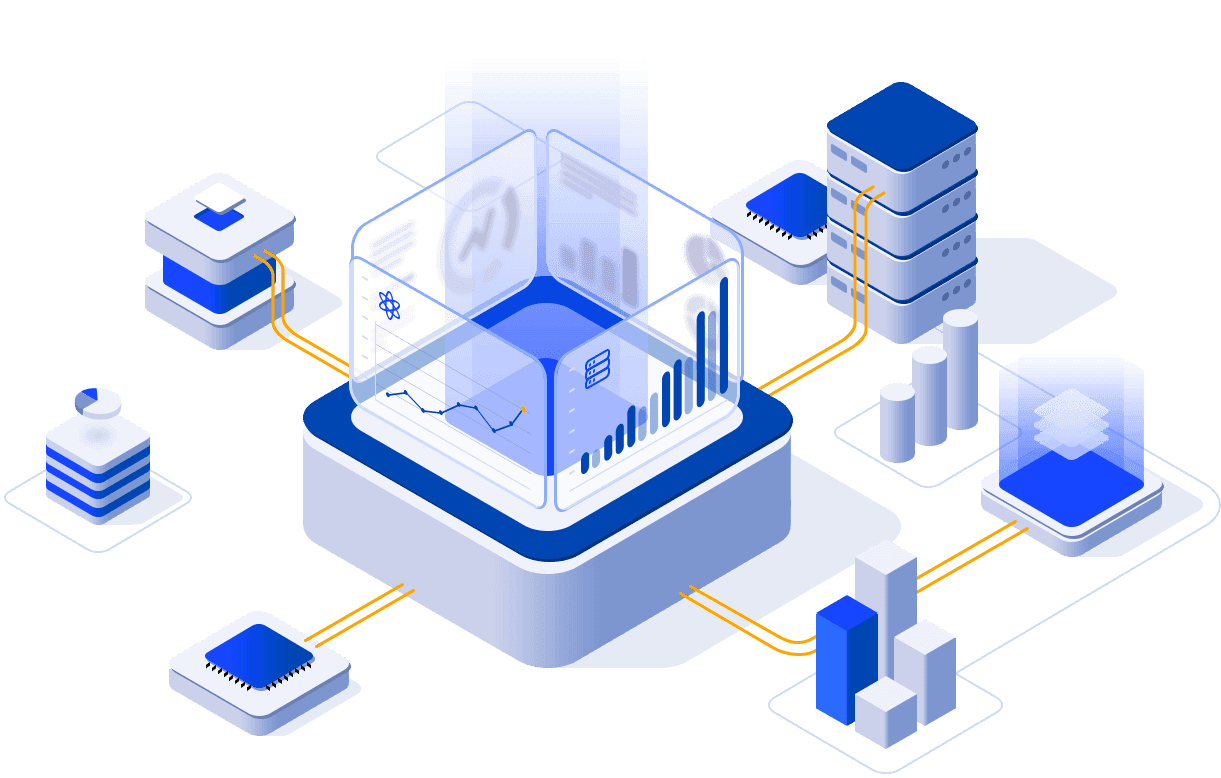 An isometric data platform with layered stores feeding analytics panels