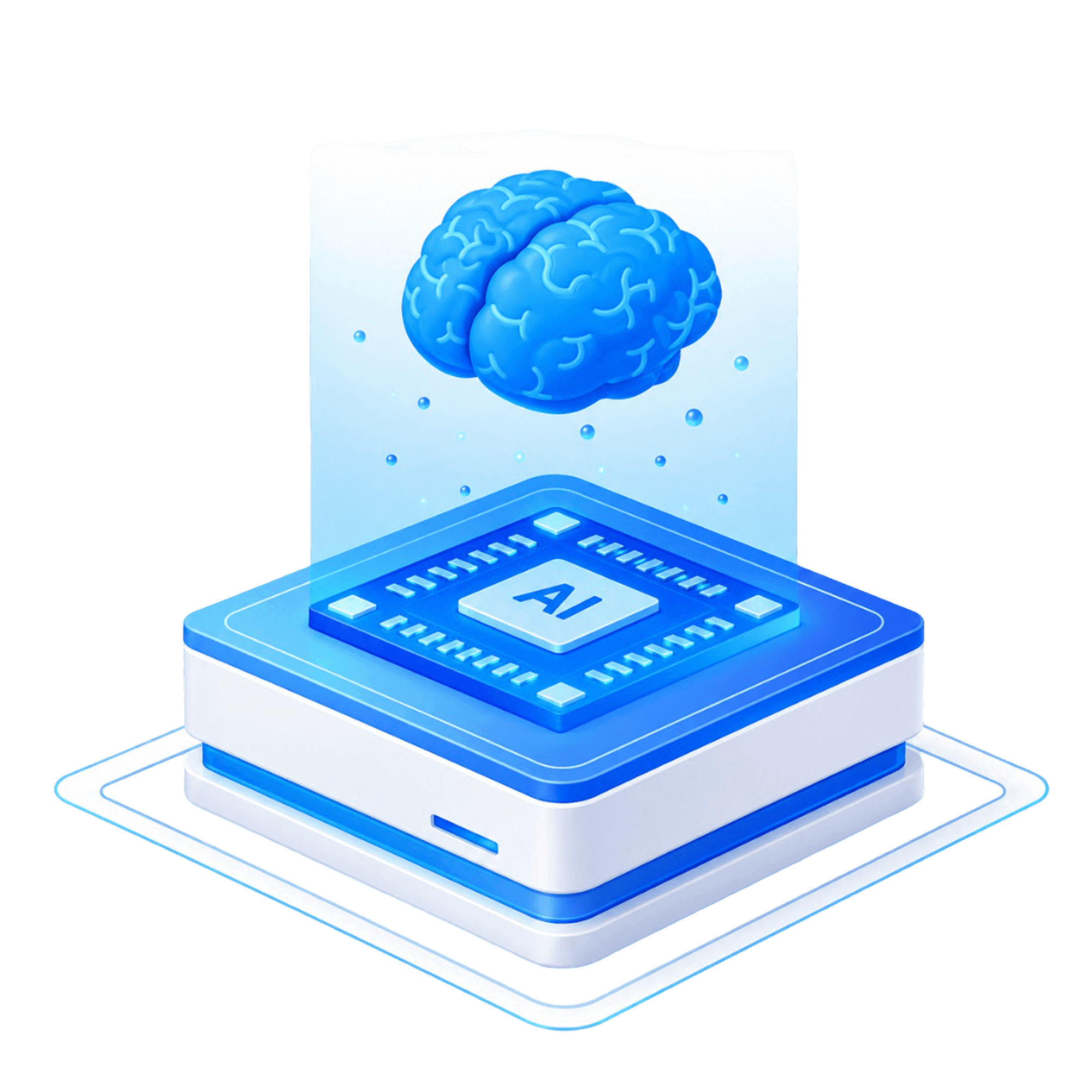 An isometric AI chip on a platform with a brain rising above it