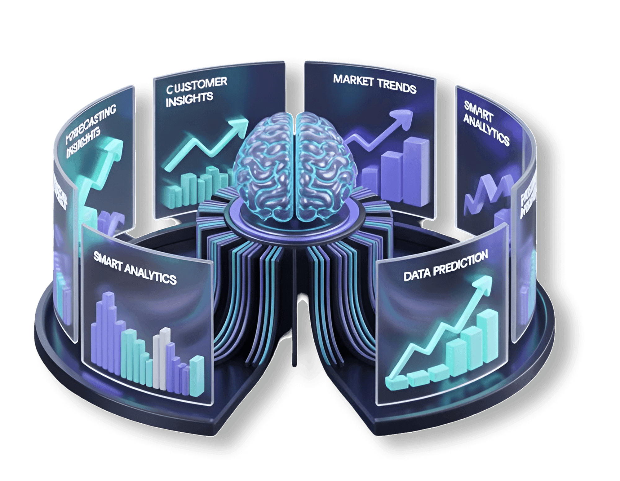 A glowing brain at the centre of curved screens showing analytics and forecasting panels