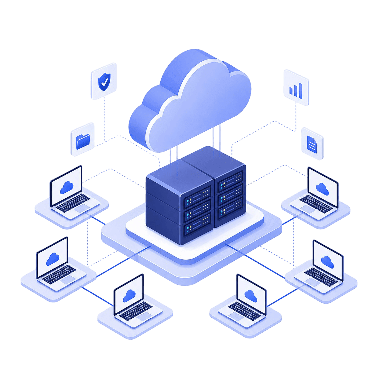 An isometric server stack under a cloud, feeding a ring of connected laptops