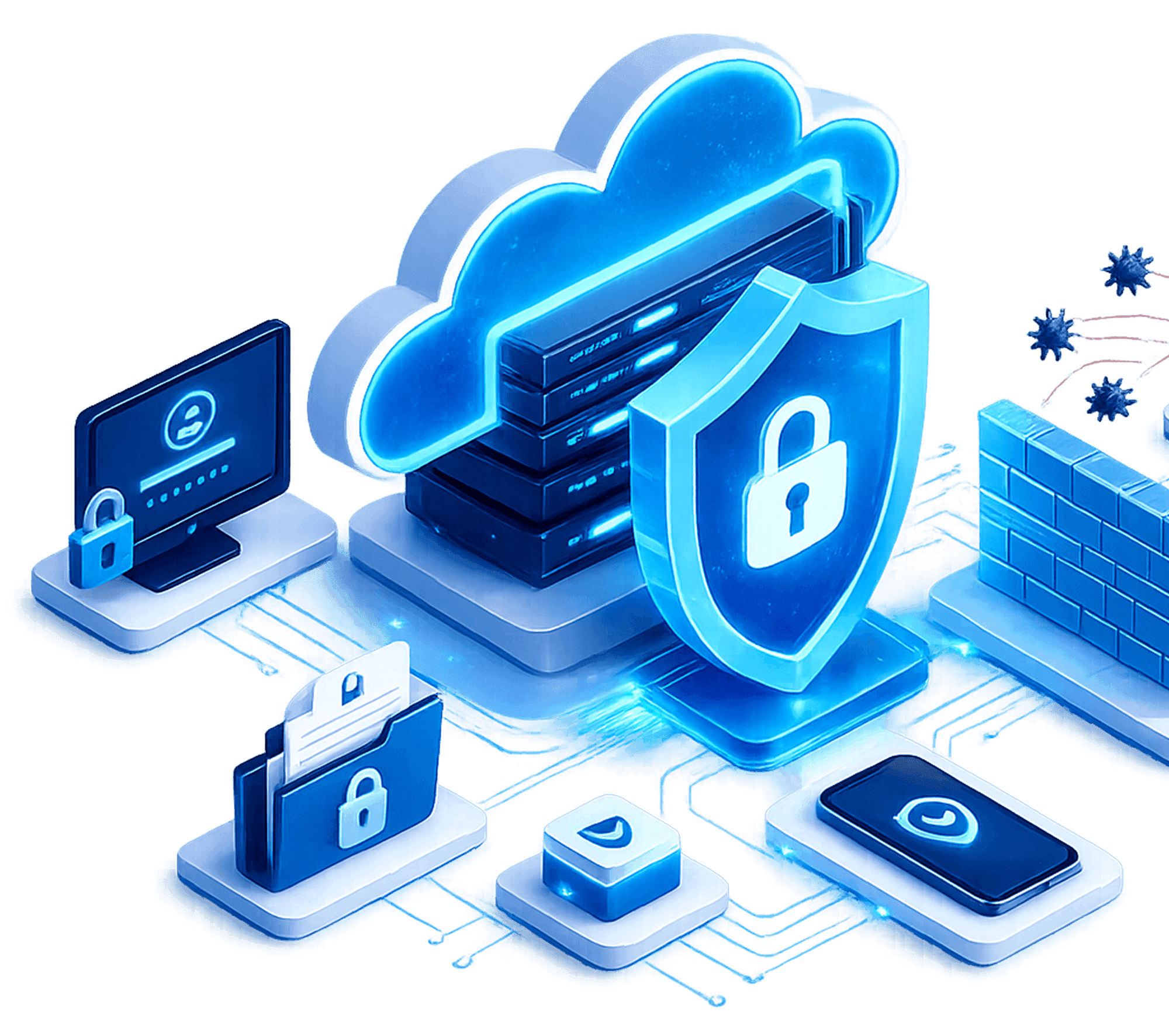 A glowing shield and padlock guarding cloud servers, files and devices
