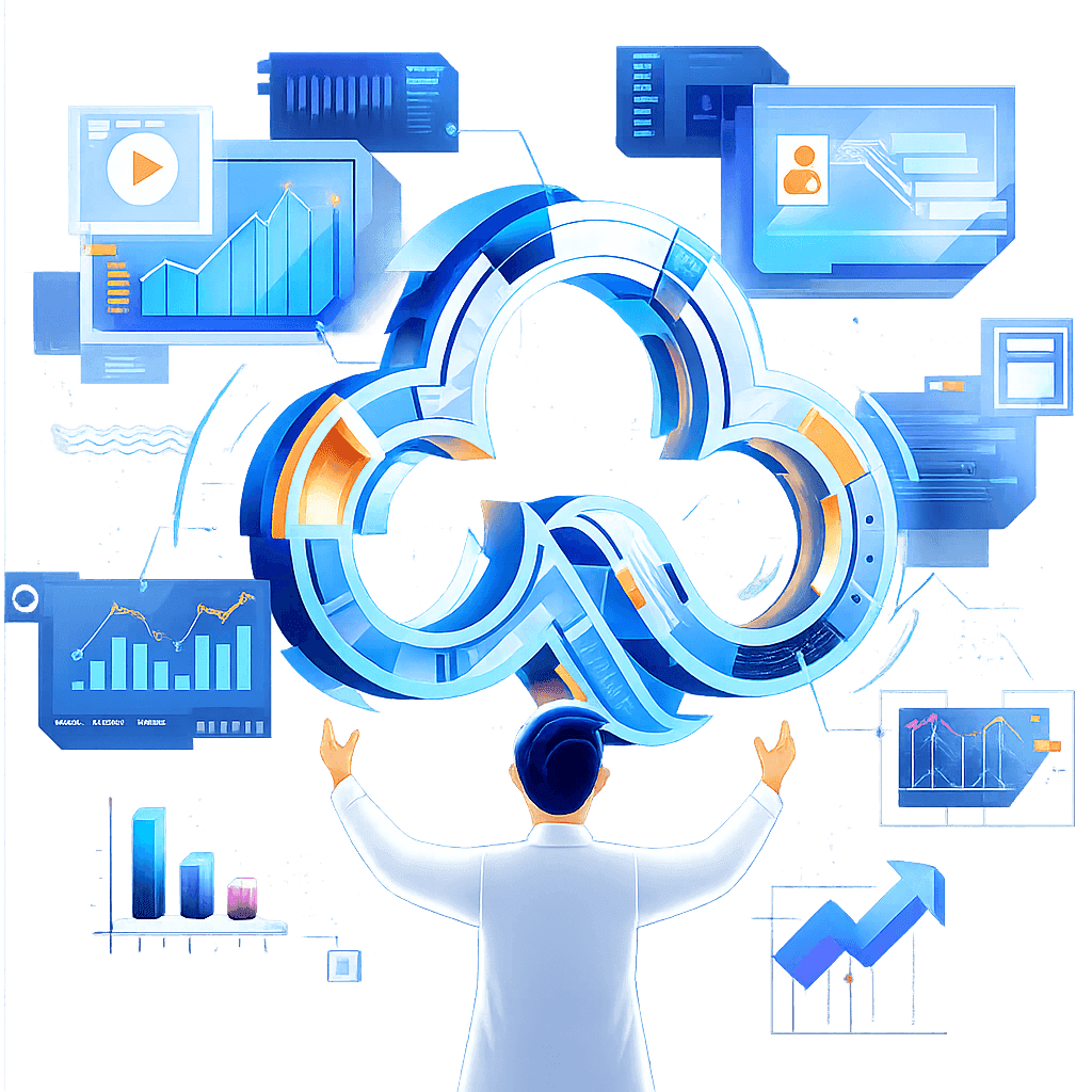 A person reaching up into an interlocking cloud of data pipelines and dashboards