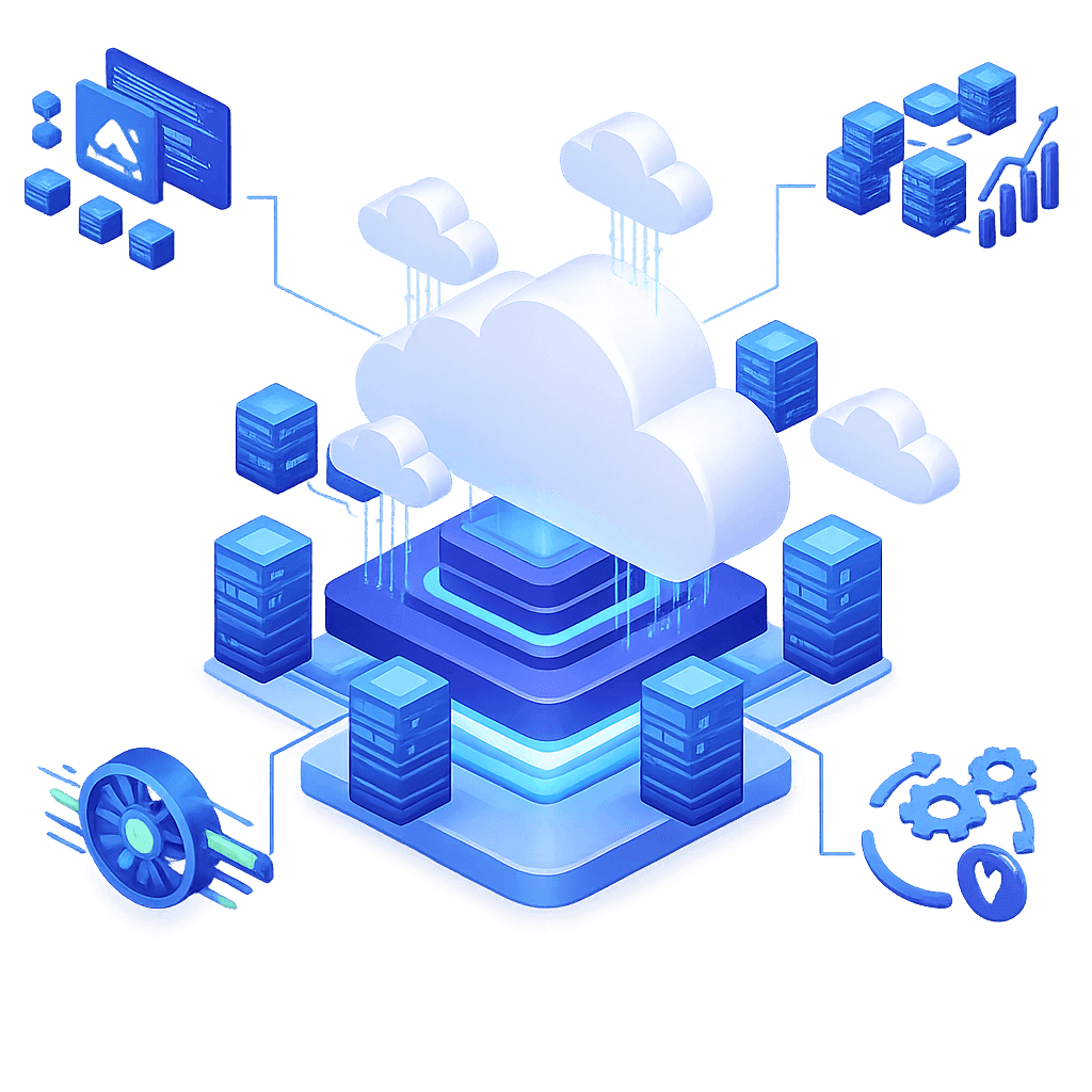 An isometric secured cloud platform surrounded by monitoring and analytics tiles